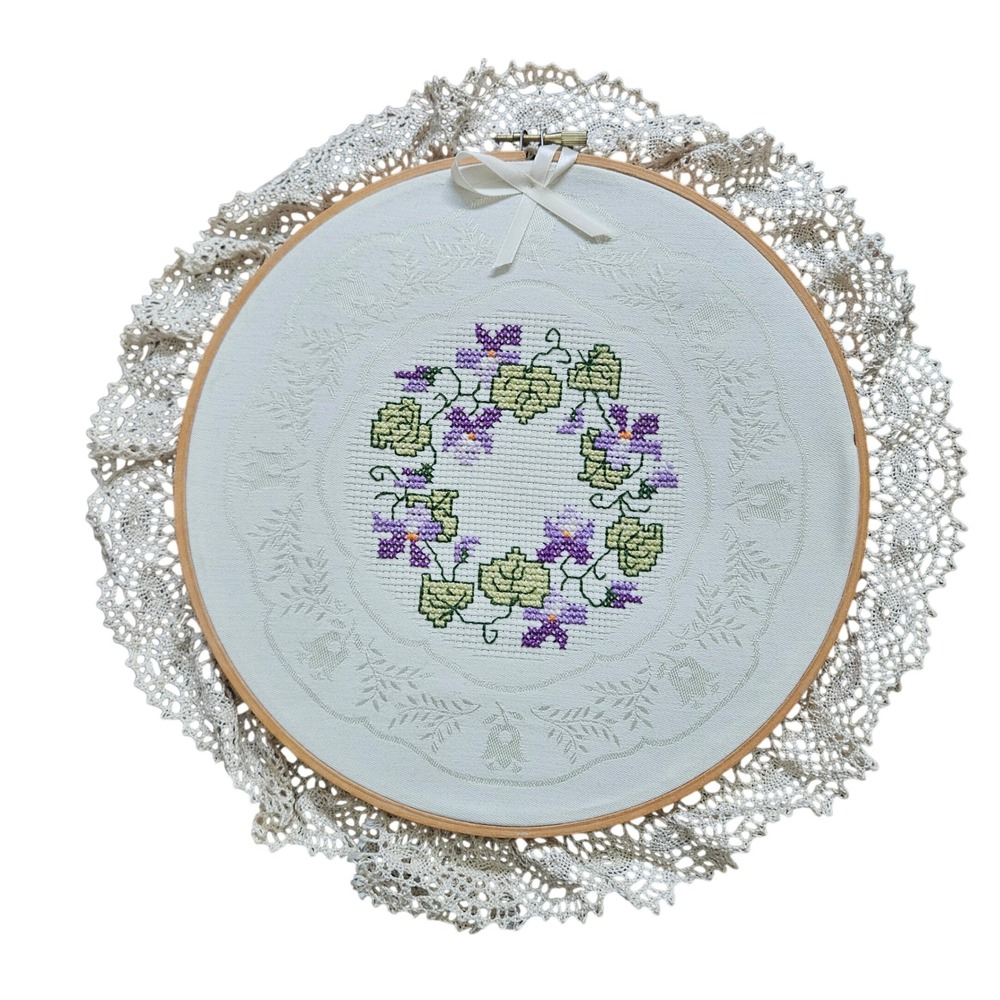 Handmade Cross Stitch Floral Wreath Embroidery Hoop Lace Cottagecore Wall Decor